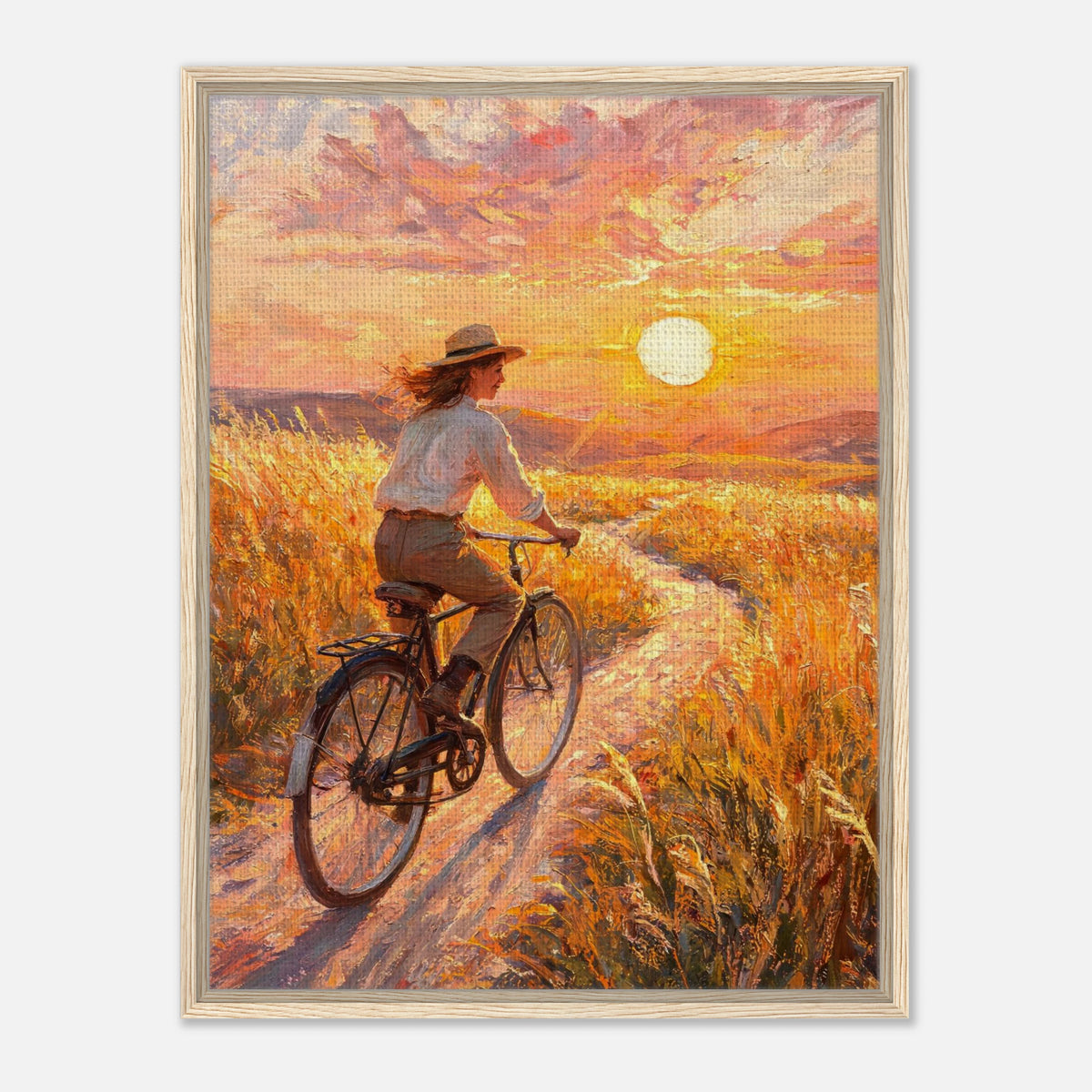 Cycling Through Golden Fields at Sunset Impressionist Art Print