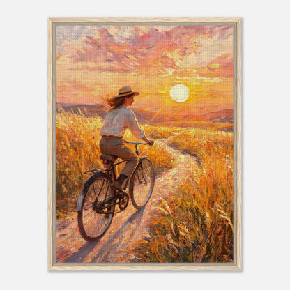 Cycling Through Golden Fields at Sunset Impressionist Art Print