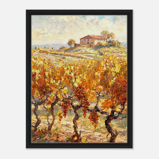 Impressionist art print from Vintstep depicting a sunlit vineyard with ripe grapes and golden autumn foliage leading up to a rustic stone countryside villa with textured impasto brushstrokes.