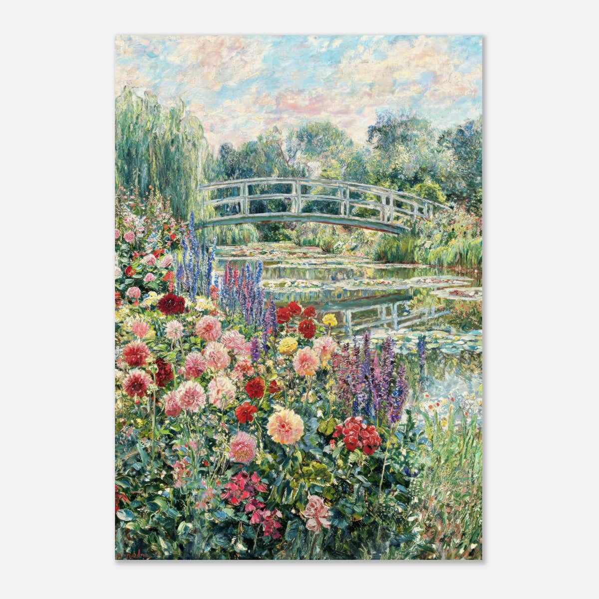 Blooming Summer Garden & Japanese Bridge Impressionist Art Print