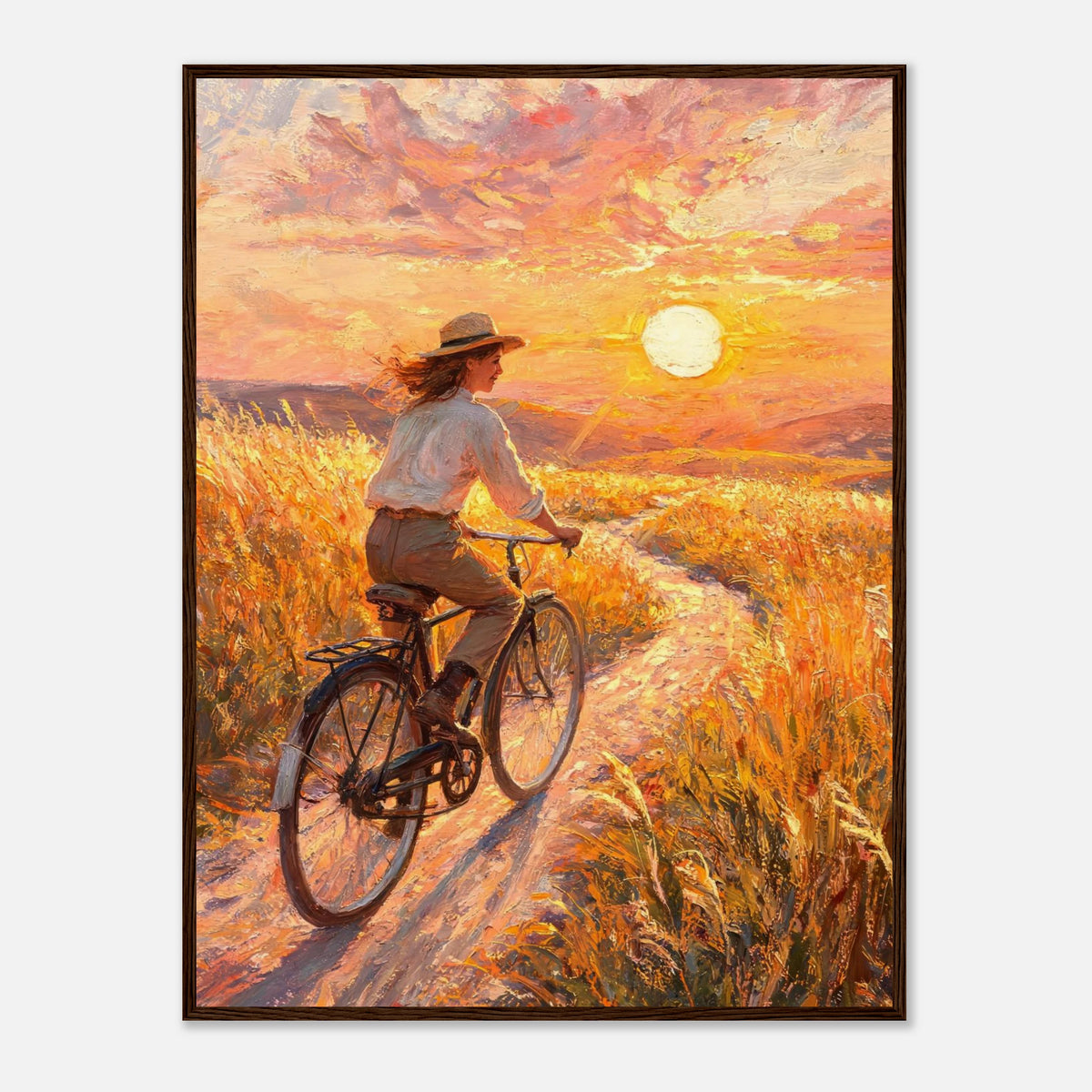 Cycling Through Golden Fields at Sunset Impressionist Art Print