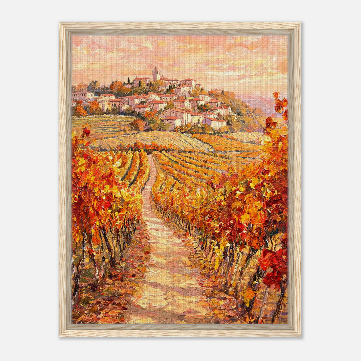Autumn Vineyard Path Hilltop Village Impressionist Art Print