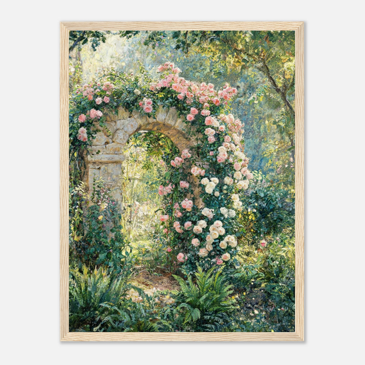 Rose-Covered Stone Arch & Sunlit Garden Impressionist Art Print
