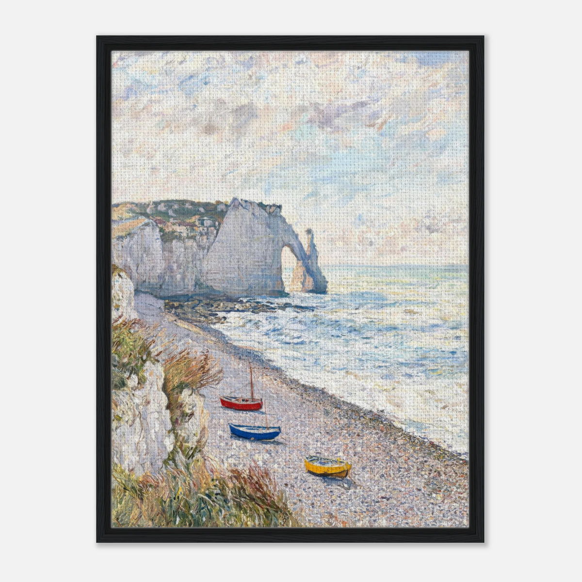 Coastal Cliff & Colorful Boats Impressionist Art Print
