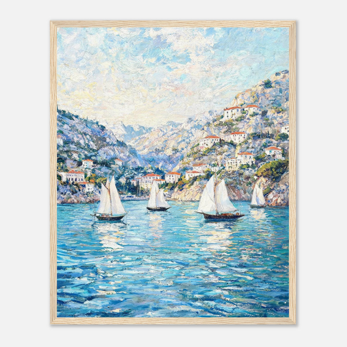 Framed Mediterranean Sailboats in Coastal Bay Art Print