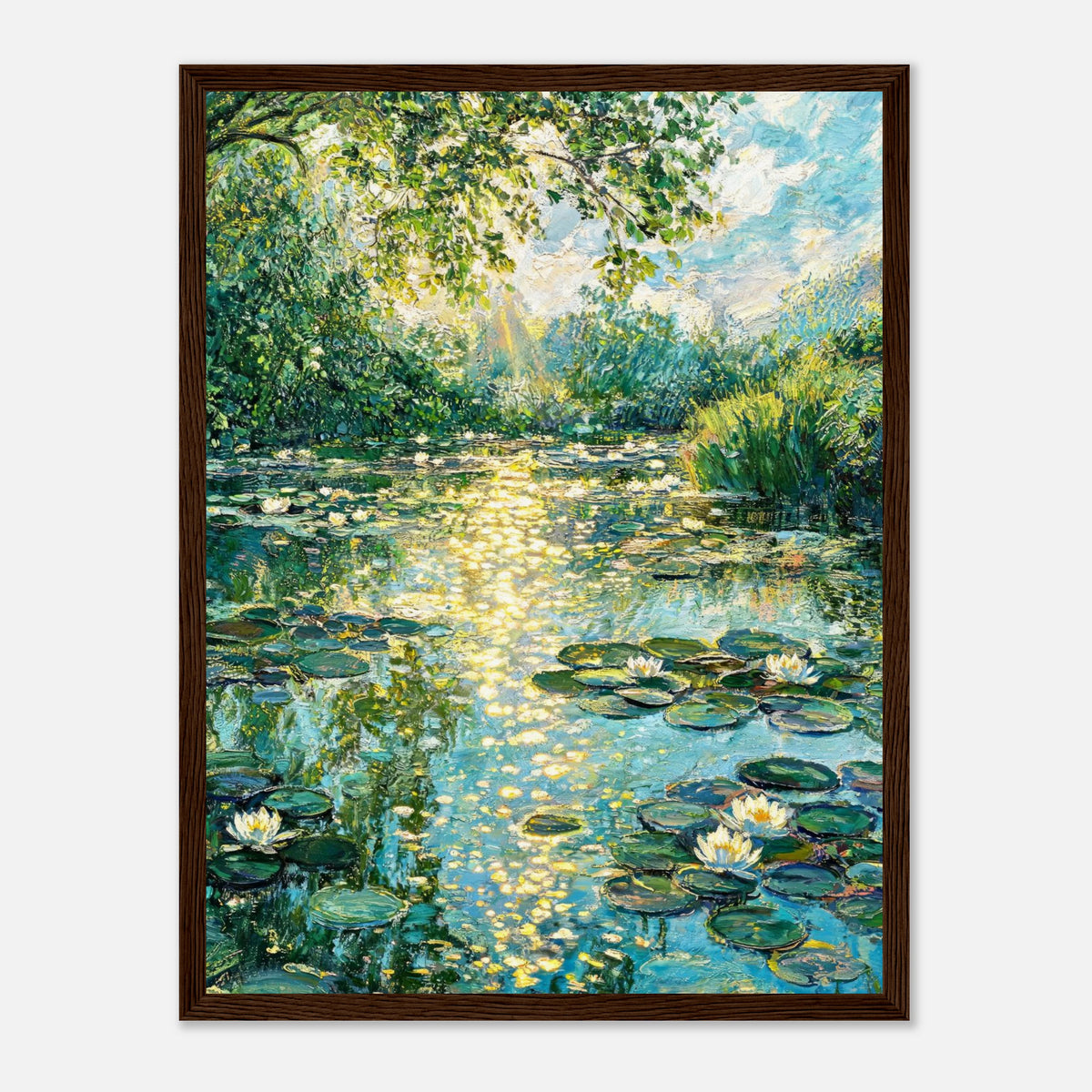 Sunlit Water Lilies & Shimmering Pond Impressionist Art Print