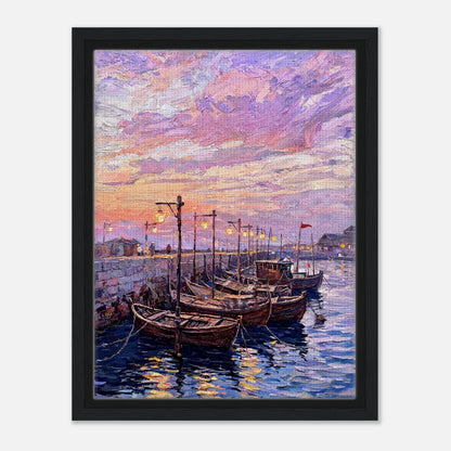 Coastal Harbor Twilight Wooden Boats Impressionist Art Print