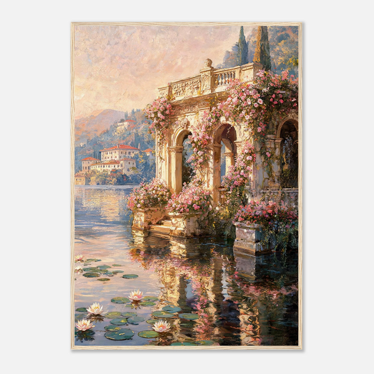 Sunlit Lakeside Villa & Roses Impressionist Art Print