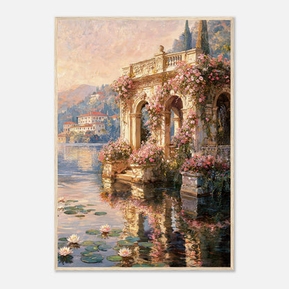 Sunlit Lakeside Villa & Roses Impressionist Art Print