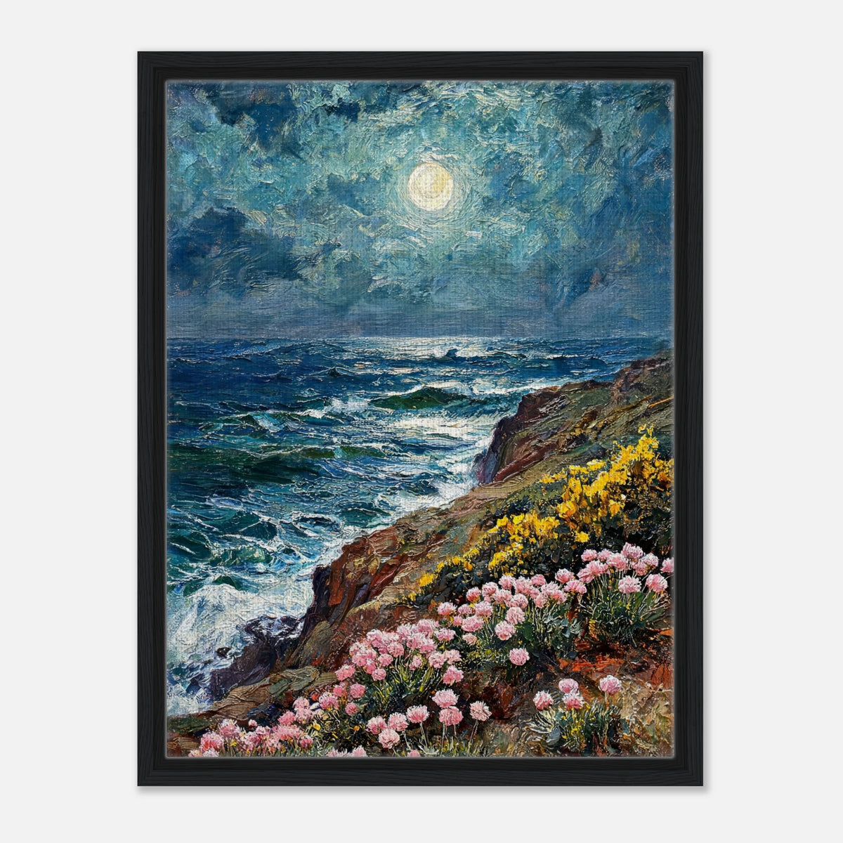 Impressionist art print from Vintstep depicting pink and yellow wildflowers on a rugged coastal cliff under a glowing full moon over ocean waves with rich impasto brushstrokes.