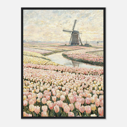 Dutch Tulip Fields & Windmill Impressionist Art Print