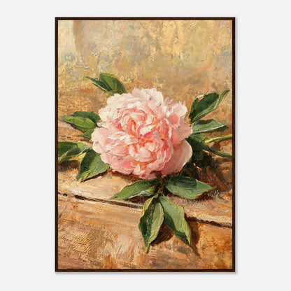 Single Pink Peony on Rustic Wood Impressionist Art Print