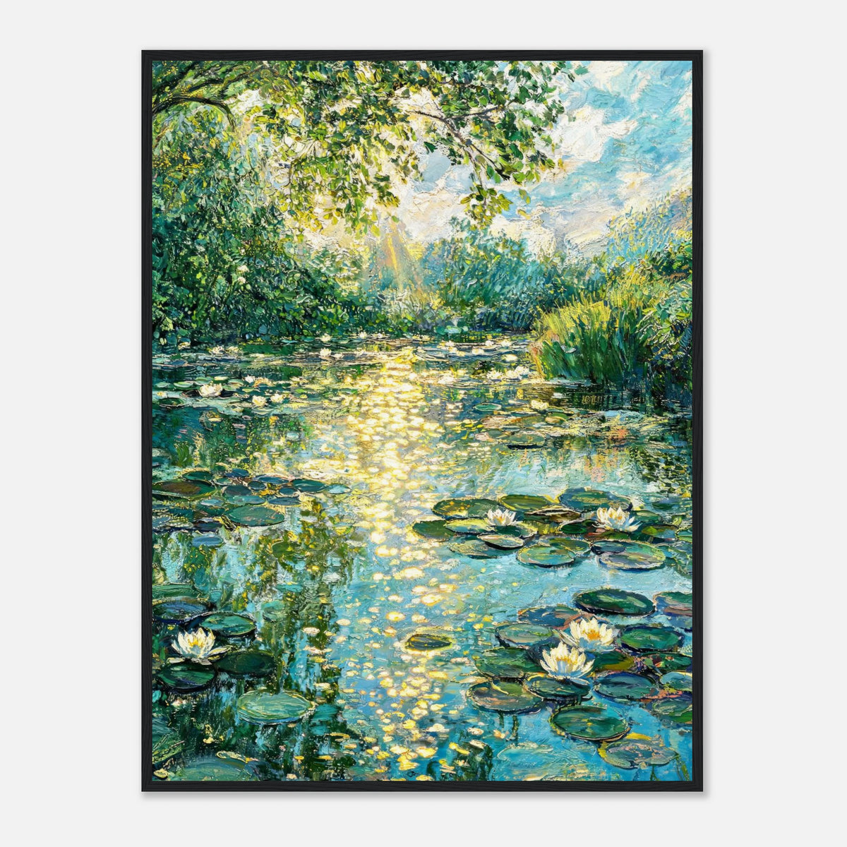 Sunlit Water Lilies & Shimmering Pond Impressionist Art Print