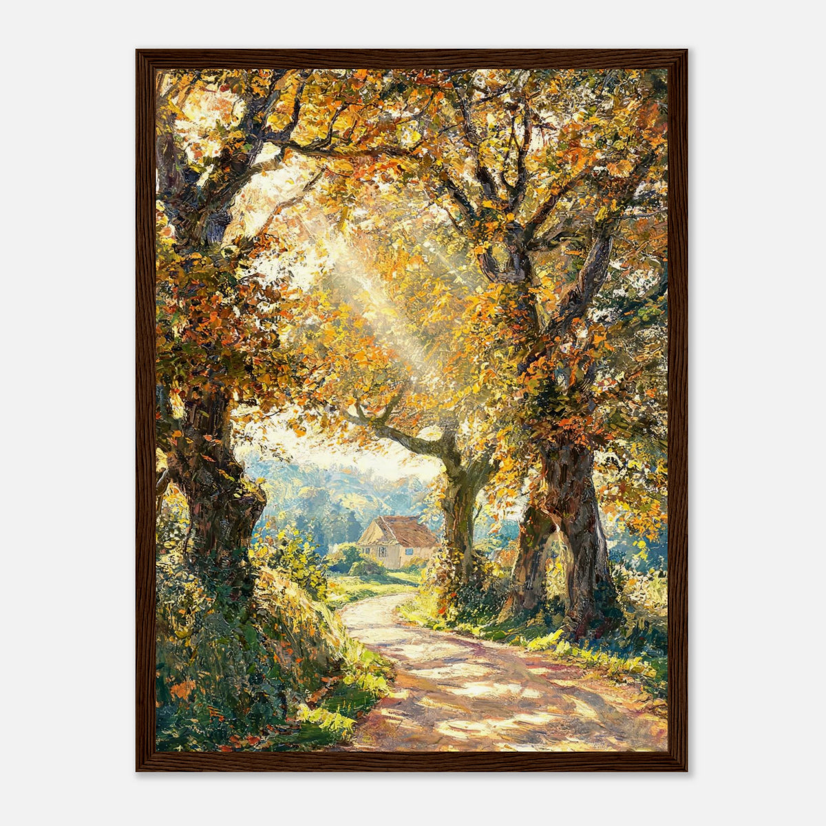 Sunlit Autumn Forest Path Impressionist Art Print