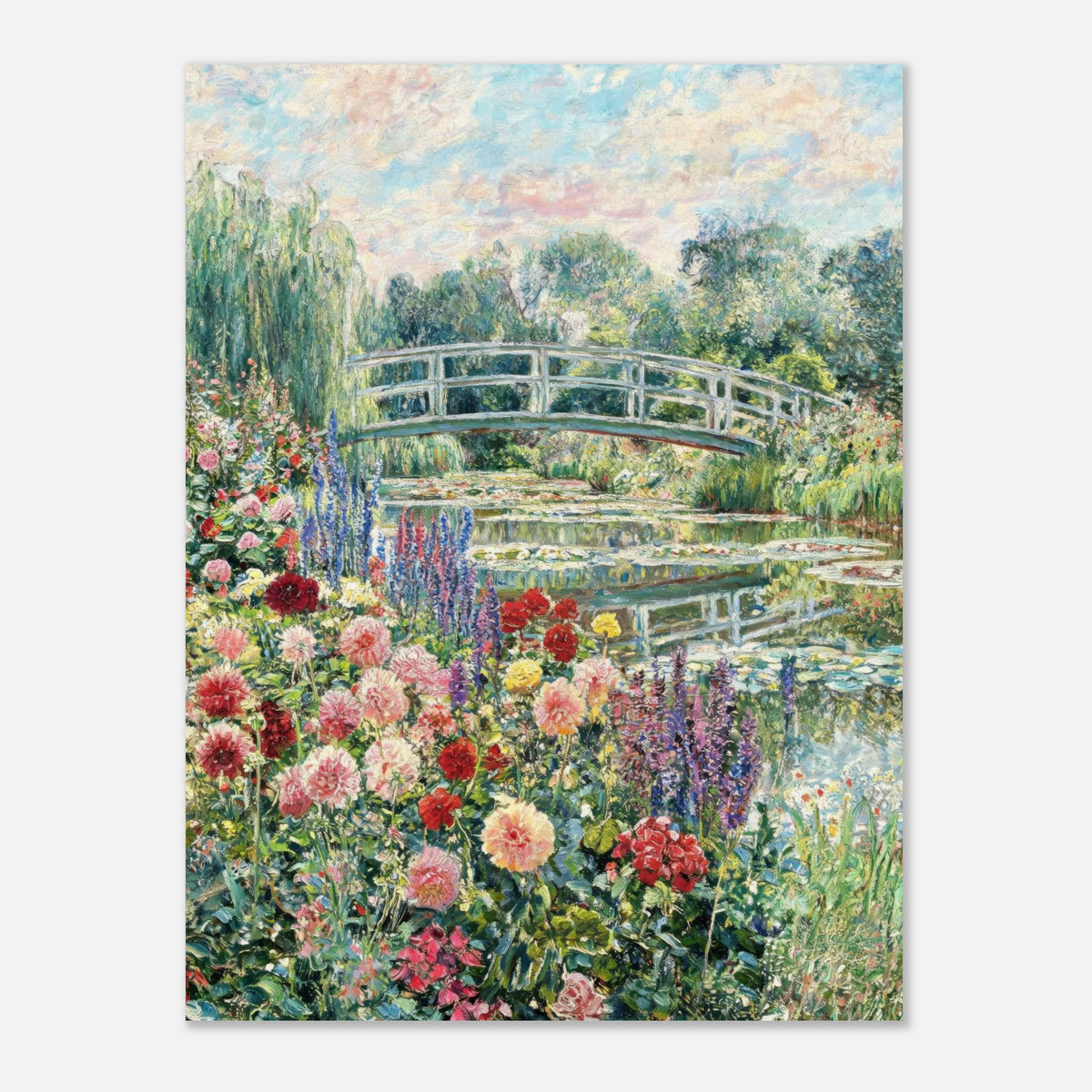 Blooming Summer Garden & Japanese Bridge Impressionist Art Print