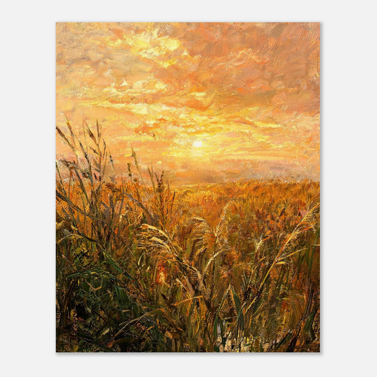 Golden Grass Field at Sunset Impressionist Art Print