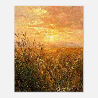 Golden Grass Field at Sunset Impressionist Art Print