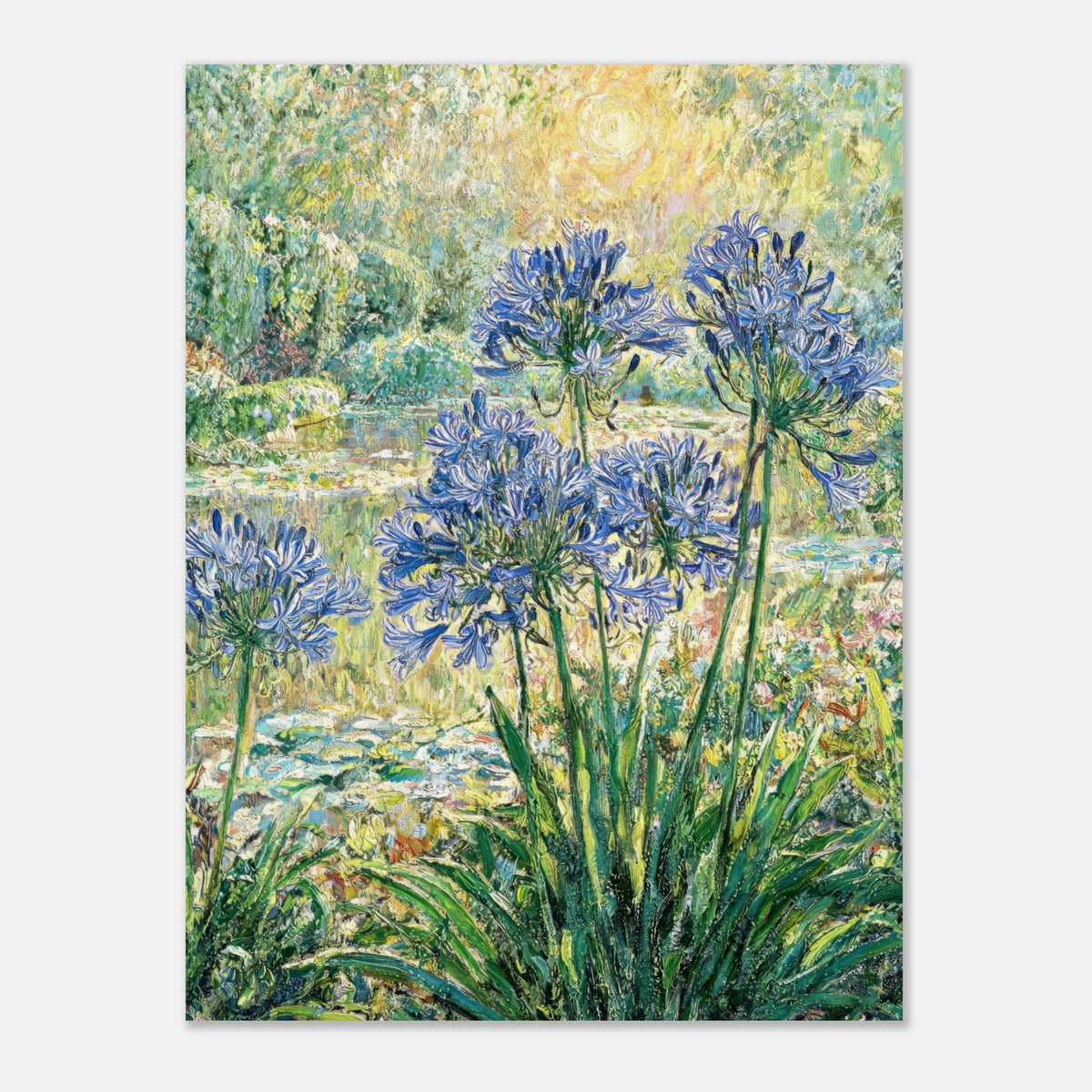 Blue Agapanthus & Sunlit Garden Impressionist Art Print
