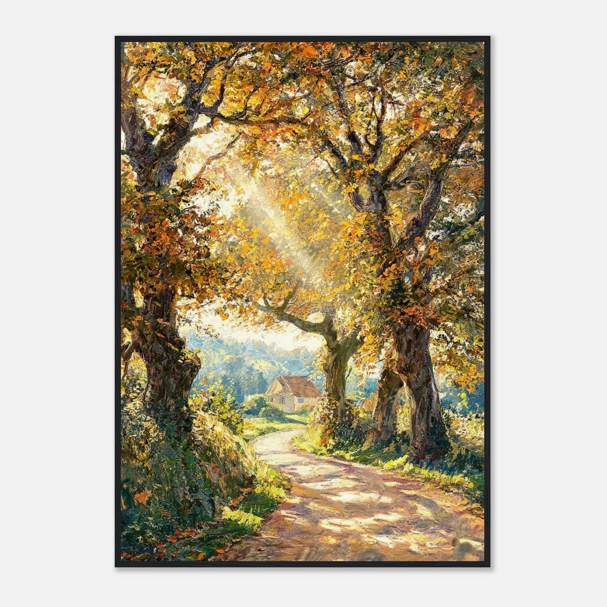 Sunlit Autumn Forest Path Impressionist Art Print