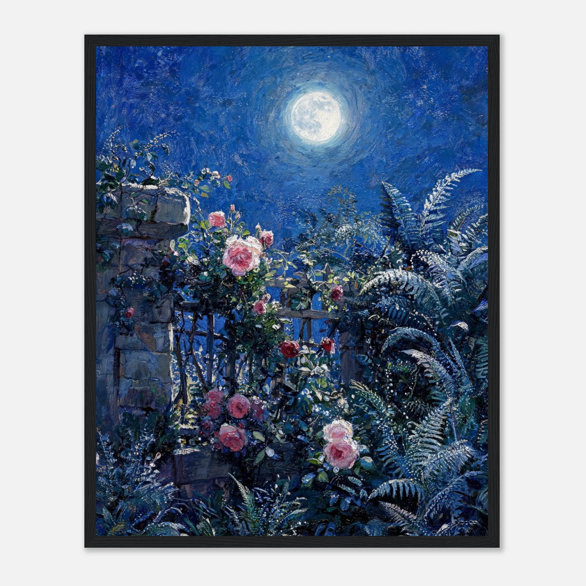 Moonlit Rose Garden and Stone Wall Impressionist Art Print
