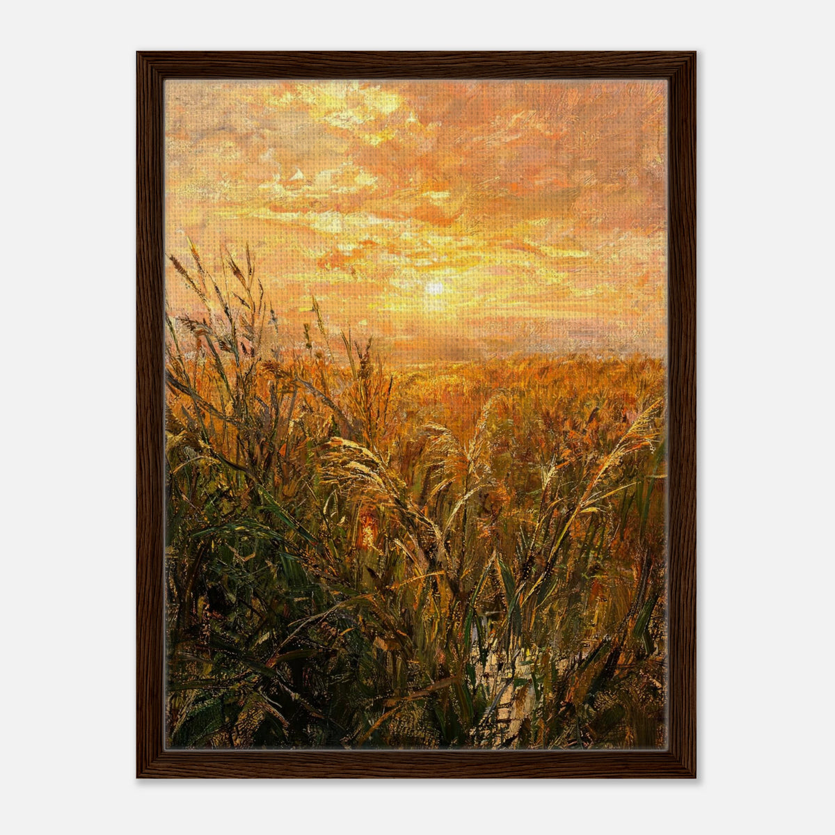 Golden Grass Field at Sunset Impressionist Art Print