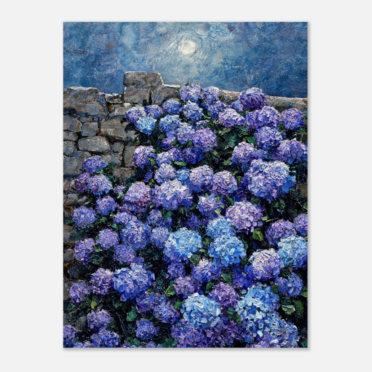 Moonlit Blue Hydrangeas by Stone Wall Impressionist Art Print
