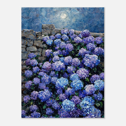 Moonlit Blue Hydrangeas by Stone Wall Impressionist Art Print