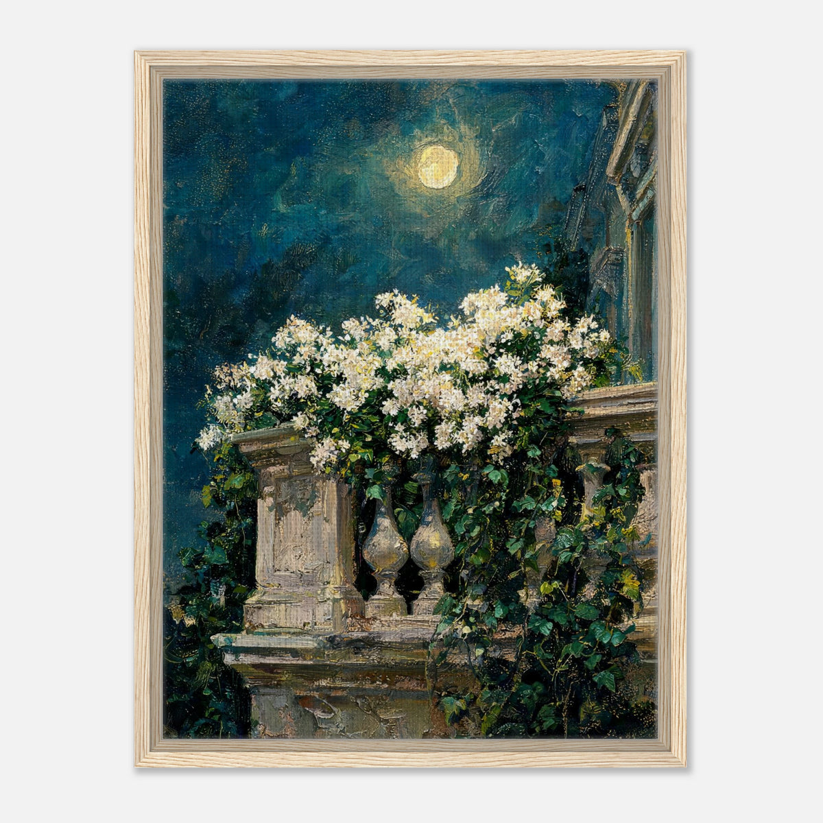 Moonlit White Blossoms Balcony Impressionist Art Print