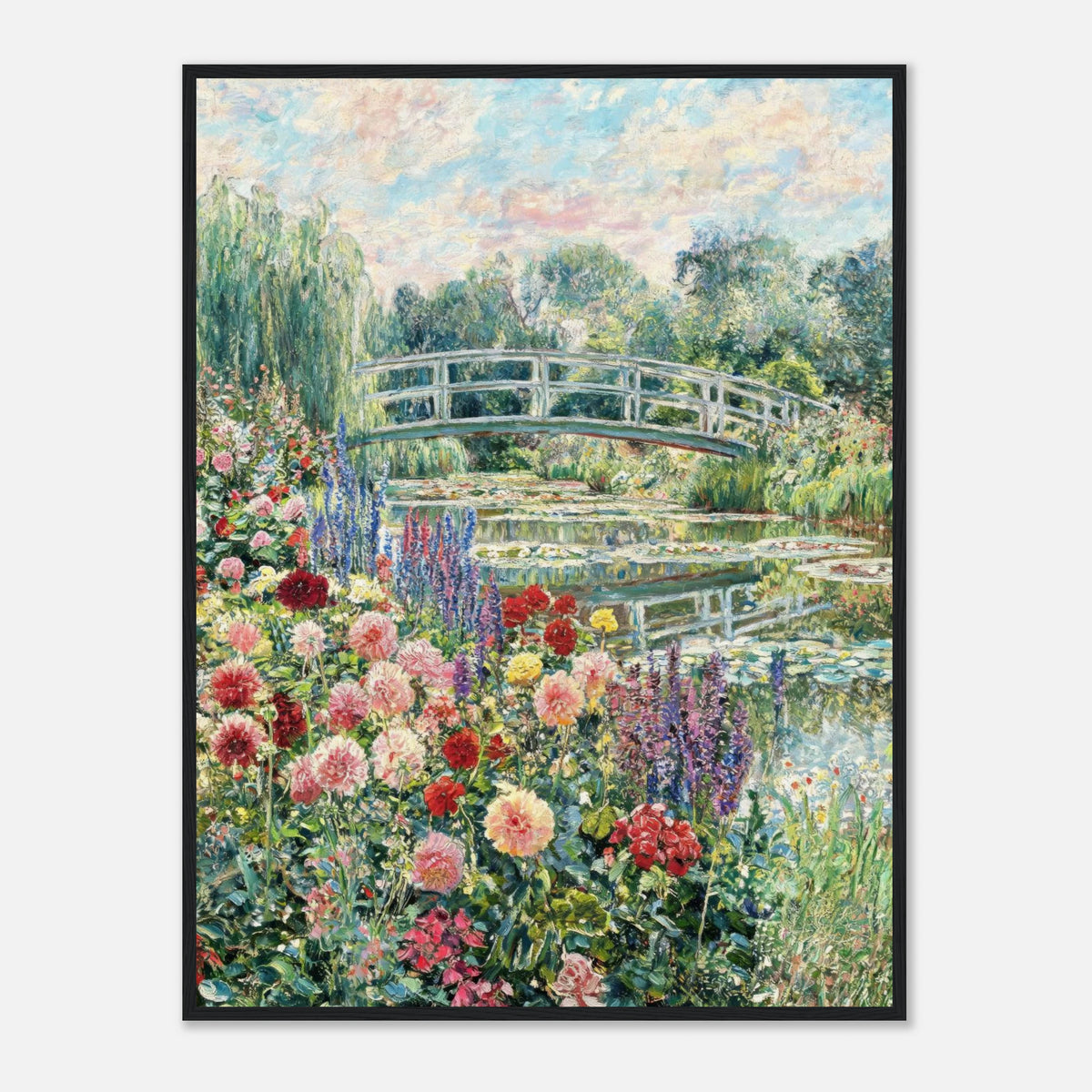 Blooming Summer Garden & Japanese Bridge Impressionist Art Print