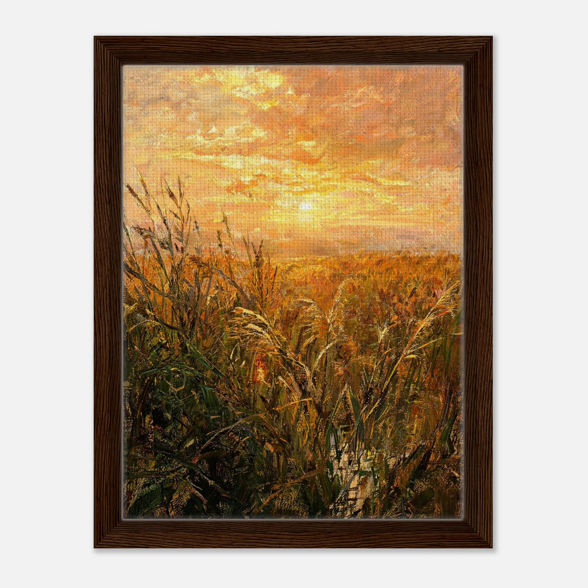 Golden Grass Field at Sunset Impressionist Art Print