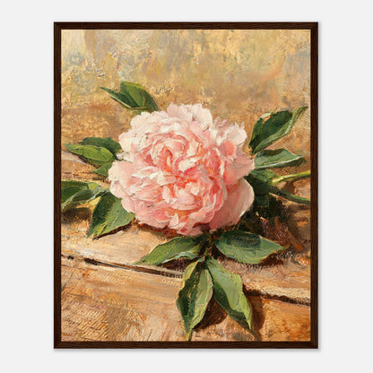 Single Pink Peony on Rustic Wood Impressionist Art Print