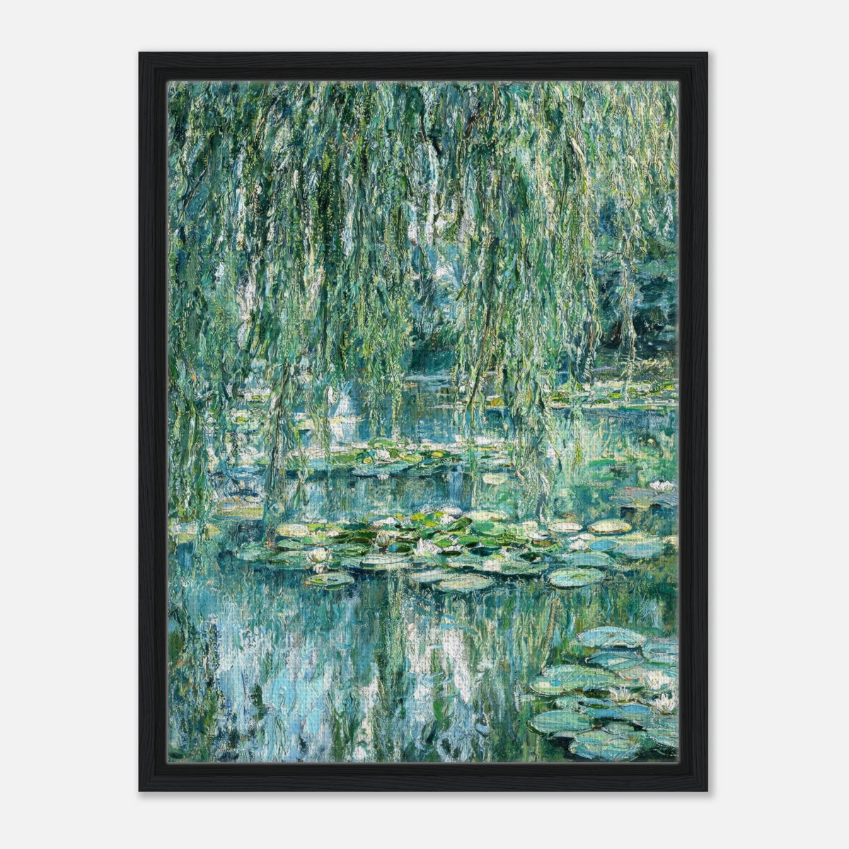 Impressionist art print from Vintstep featuring an arched bridge over a tranquil water lily pond surrounded by weeping willows in soft green tones.