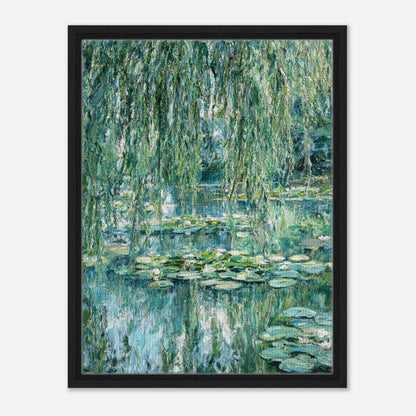 Impressionist art print from Vintstep featuring an arched bridge over a tranquil water lily pond surrounded by weeping willows in soft green tones.
