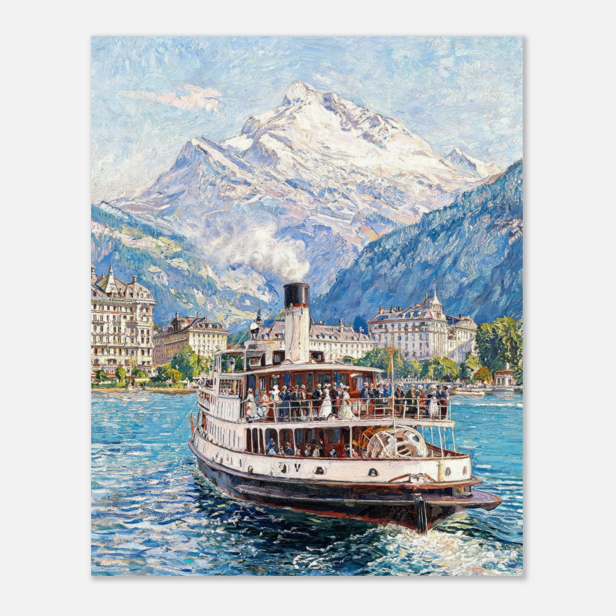 Vintage Steamboat on Alpine Lake Impressionist Art Print