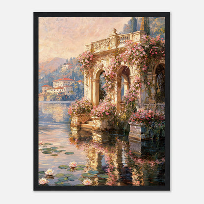 Sunlit Lakeside Villa & Roses Impressionist Art Print