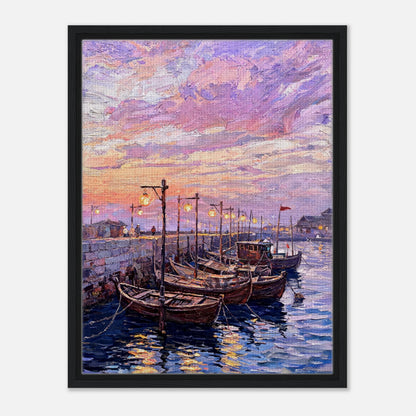 Coastal Harbor Twilight Wooden Boats Impressionist Art Print