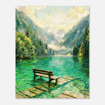 Mountain Lake Pier and Wooden Bench Impressionist Art Print