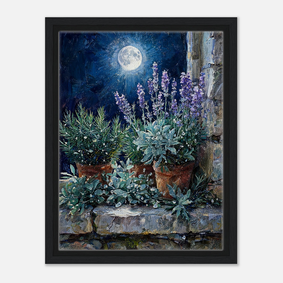 Moonlit Potted Lavender by Stone Window Impressionist Art Print