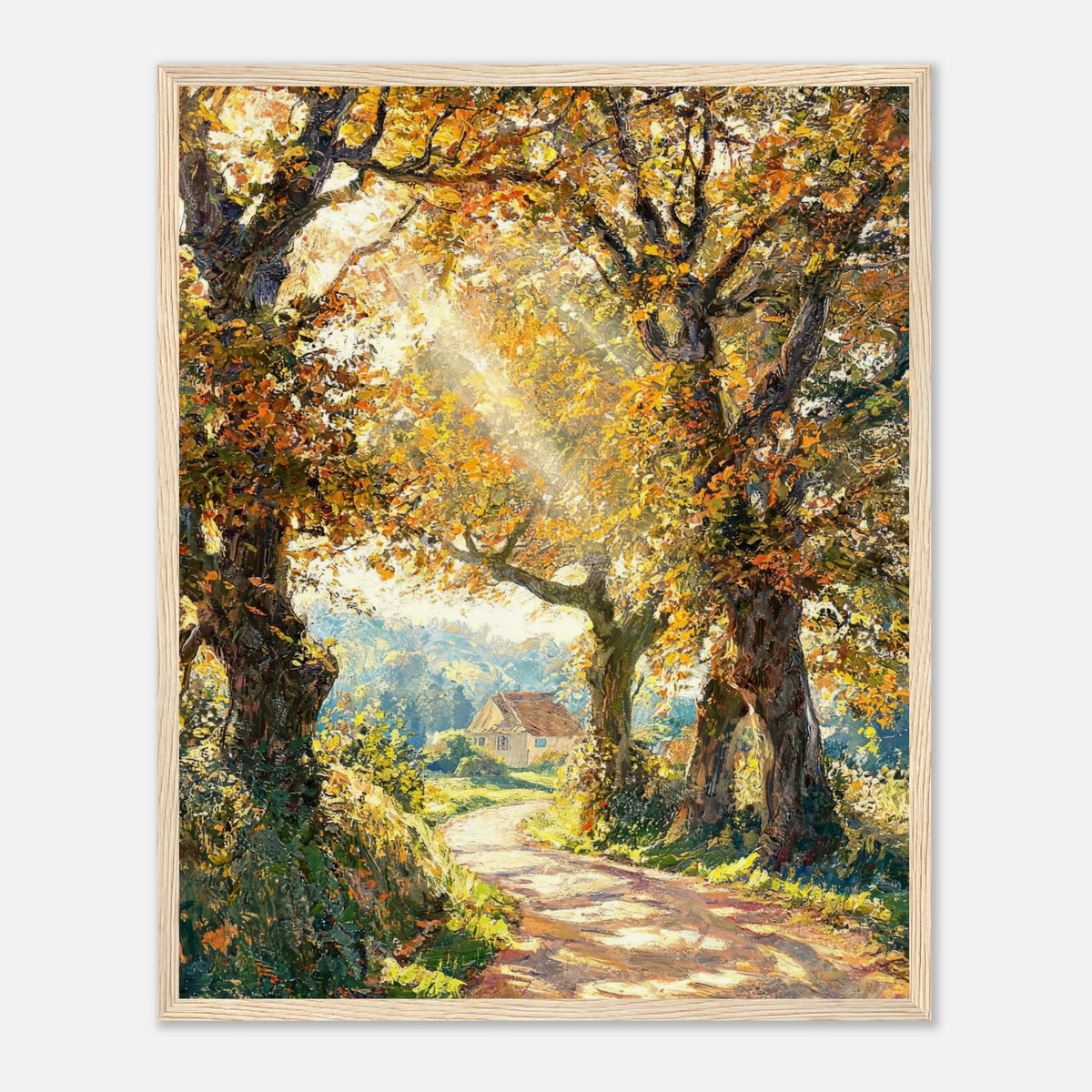 Sunlit Autumn Forest Path Impressionist Art Print
