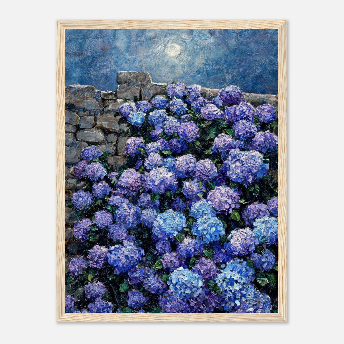 Moonlit Blue Hydrangeas by Stone Wall Impressionist Art Print