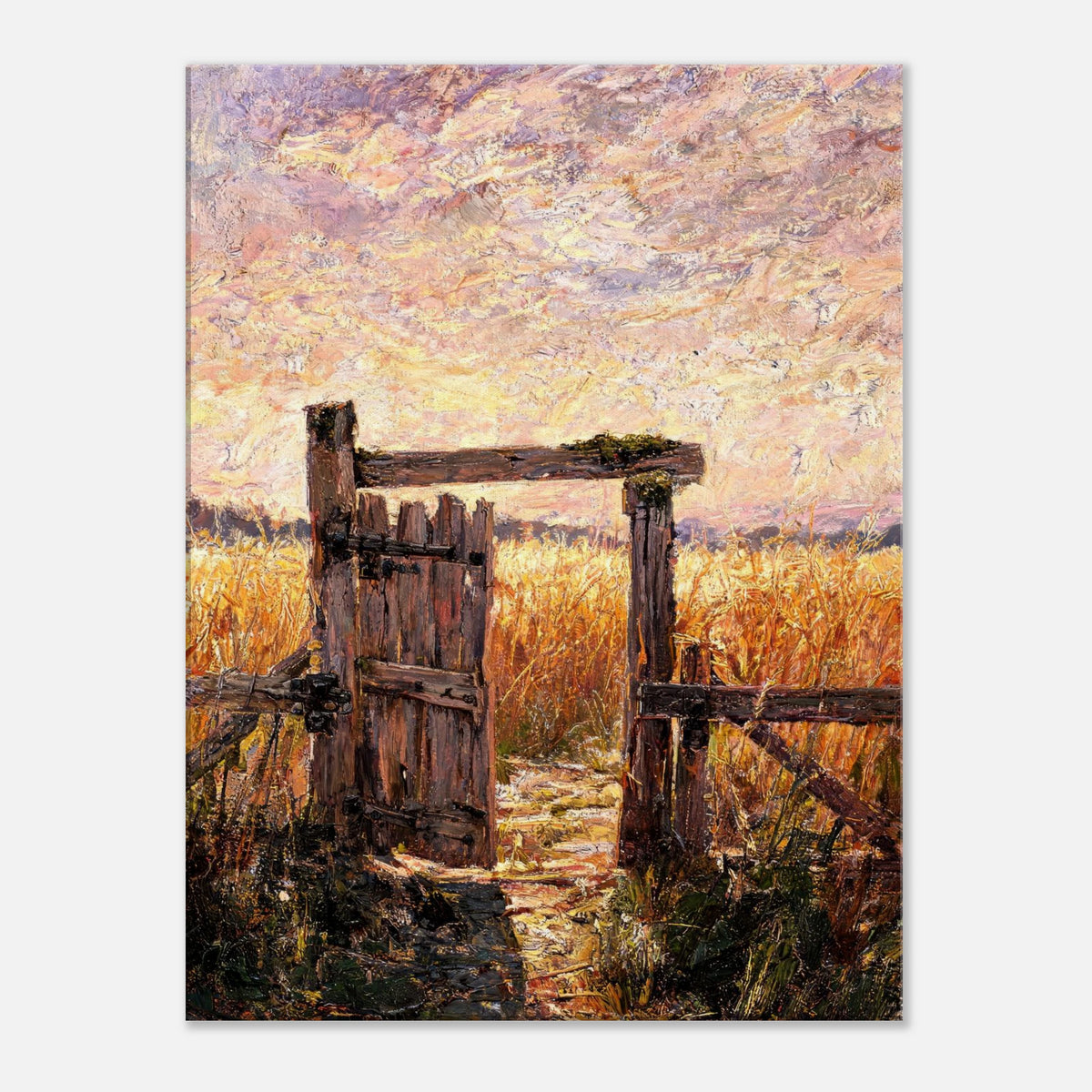 Rustic Wooden Gate to Golden Field Impressionist Art Print