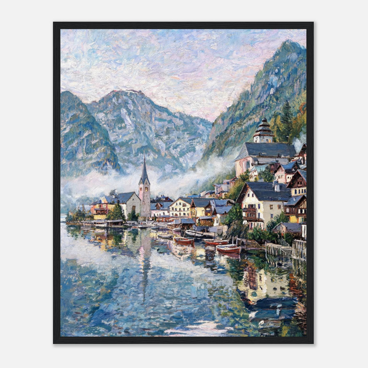 Alpine Lakeside Village Impressionist Art Print