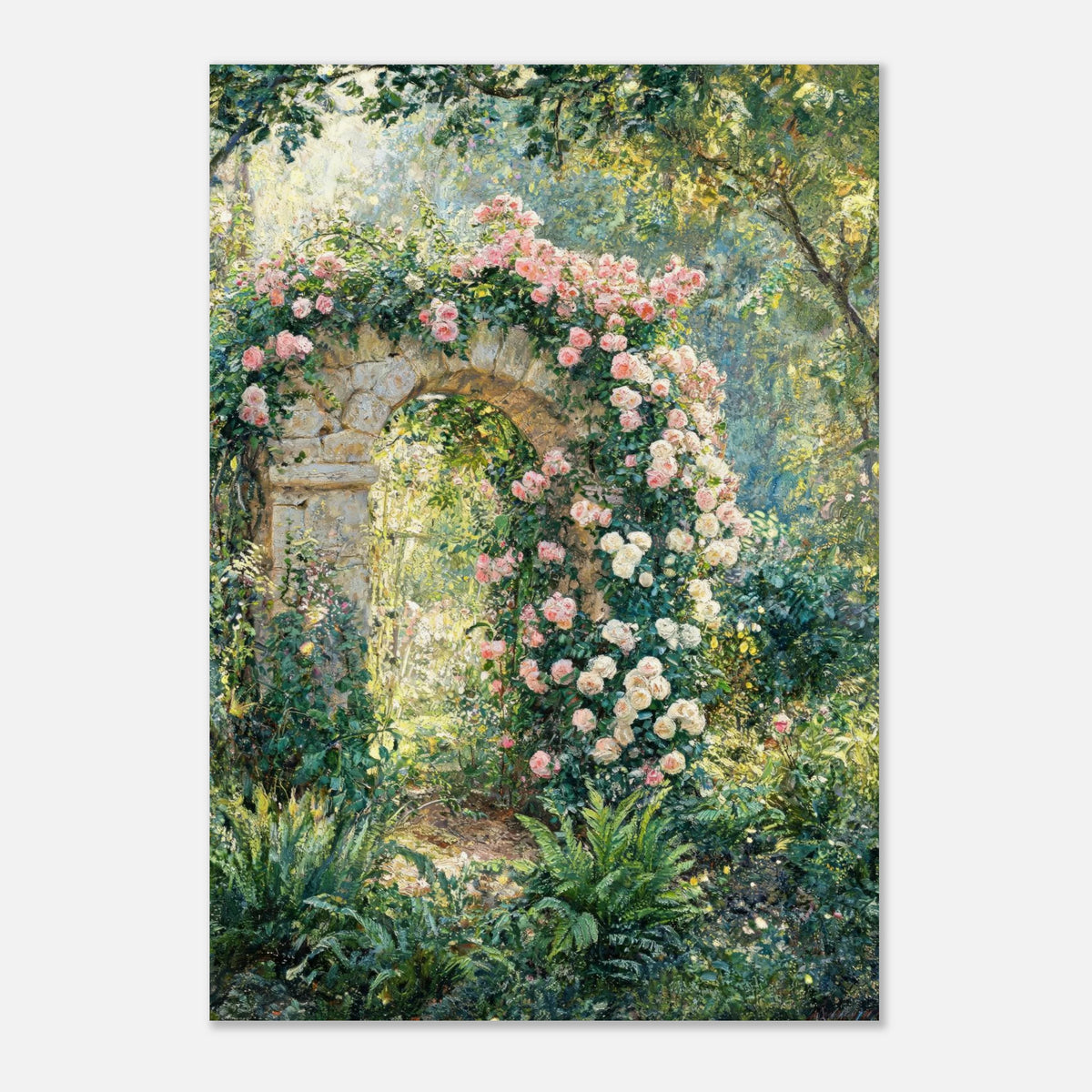Rose-Covered Stone Arch & Sunlit Garden Impressionist Art Print