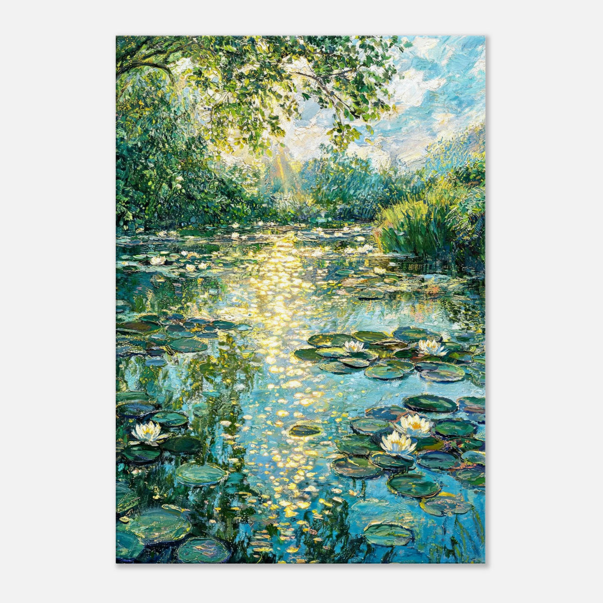 Sunlit Water Lilies & Shimmering Pond Impressionist Art Print