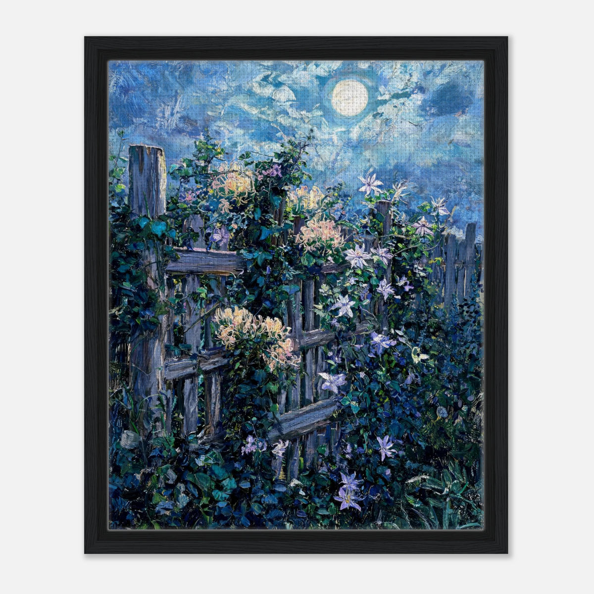 Moonlit Garden Fence Flowers Impressionist Art Print