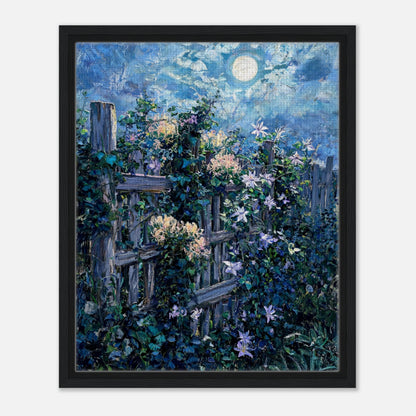 Moonlit Garden Fence Flowers Impressionist Art Print