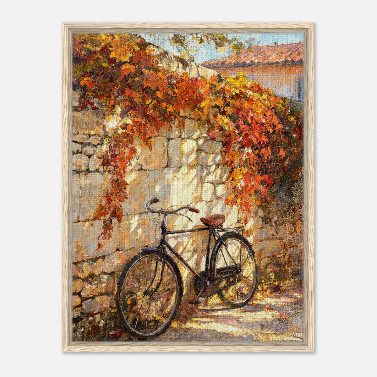 Autumn Vintage Bicycle Stone Wall Impressionist Art Print