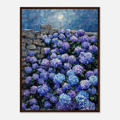 Impressionist oil painting print from Vintstep depicting abundant blue and purple hydrangeas blooming along a rustic stone wall under a glowing moon in a night sky.