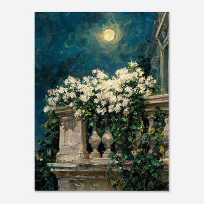 Moonlit White Blossoms Balcony Impressionist Art Print