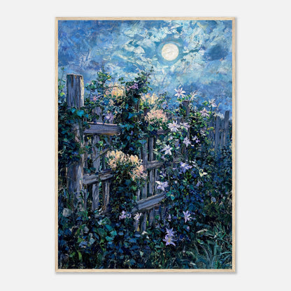 Moonlit Garden Fence Flowers Impressionist Art Print
